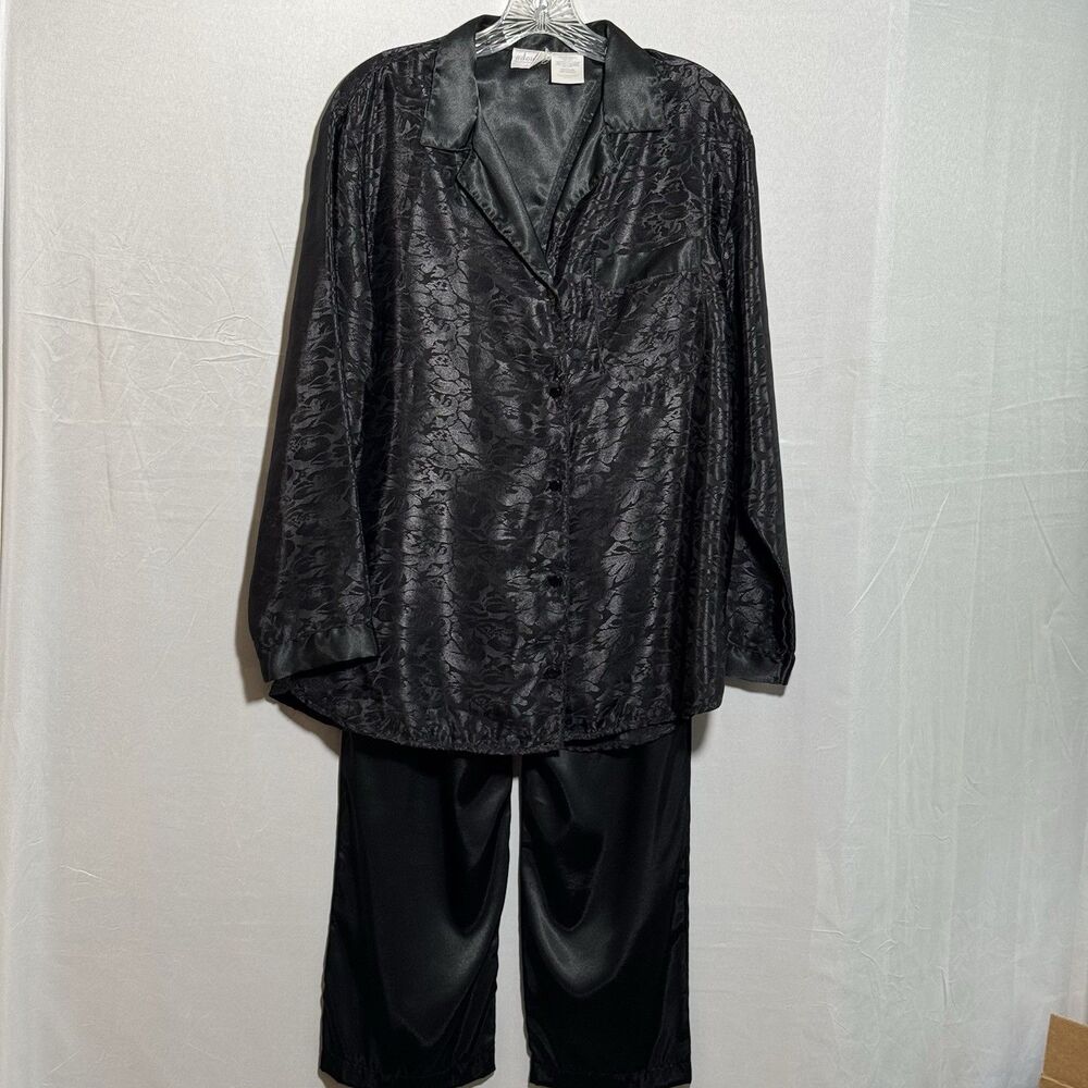 Adonna Womens Medium Black Satin Pajama Set Animal Print Button Up Sleepwear